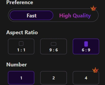 ChatUp image settings showing Fast, High Quality, three ratios and batch sizes