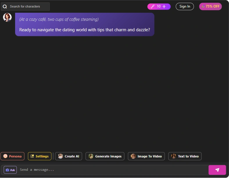 ChatUp chat entry with Lily’s prewritten welcome, Persona, Settings and an empty composer