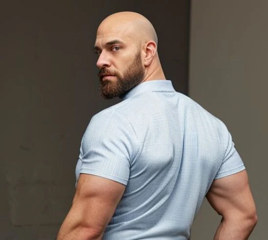 Zane, a bearded fictional adult man in a pale-blue polo