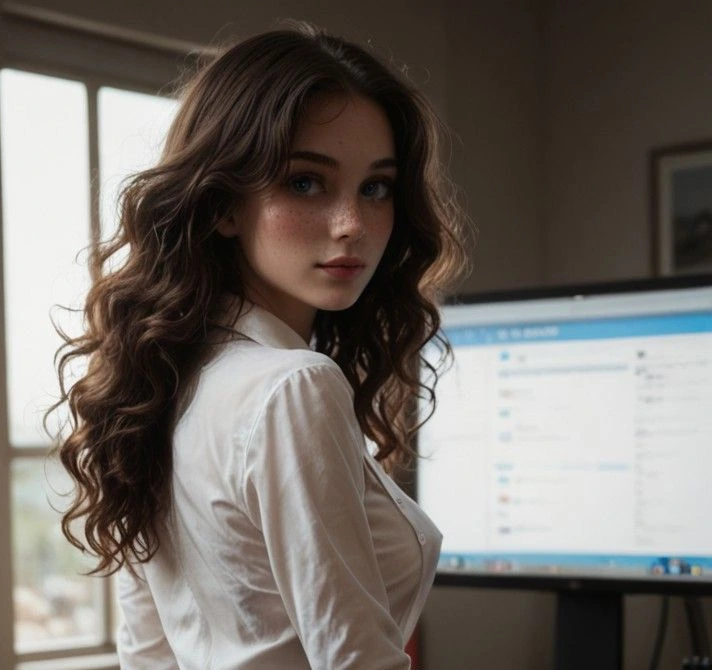Caroline wearing a white blouse at a desk