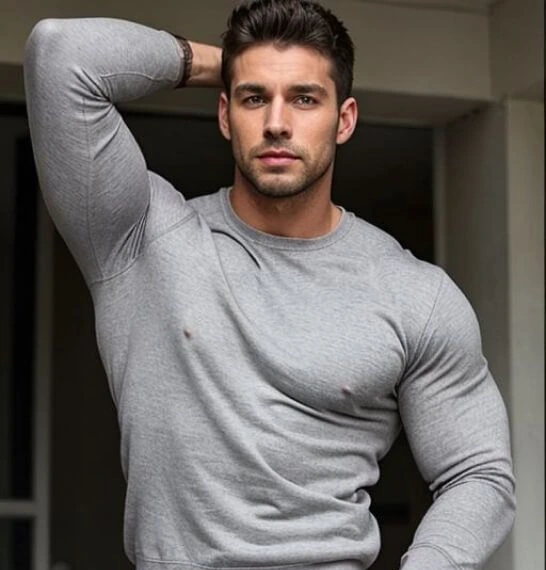 Matthew Collins in a grey long-sleeve shirt